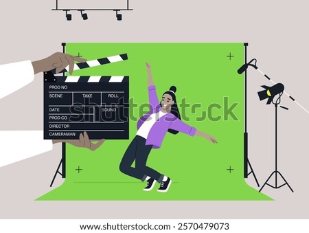 A lively character dramatically pretends to fall off a cliff while acting safely in a well-lit chroma key studio, The vibrant backdrop highlights the creativity of cinematic production in action