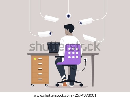 Surveillance in a modern office setting with multiple cameras monitoring employee activity from various angles