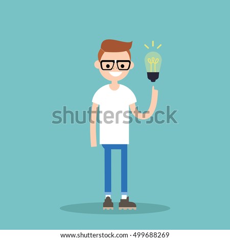Idea Concept. Aha moment. Young smiling nerd is pointing a finger on the light bulb / flat editable vector illustration