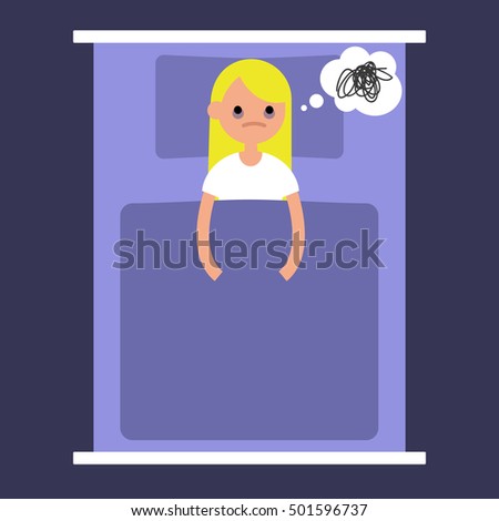 Insomnia conceptual illustration: young blond girl laying in the bed with open eyes / flat editable vector illustration