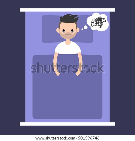 Insomnia conceptual illustration: young bearded man laying in the bad with open eyes / flat editable vector illustration