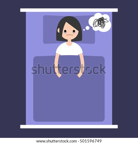 Insomnia conceptual illustration: young brunette girl laying in the bed with open eyes / flat editable vector illustration