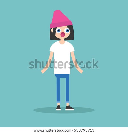 Surprised brunette girl standing with protruding eyes and open mouth / flat editable vector illustration