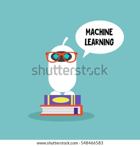 Machine learning concept. Cute cartoon robot wearing glasses and standing on a pile of books  / editable flat vector illustration, clip art