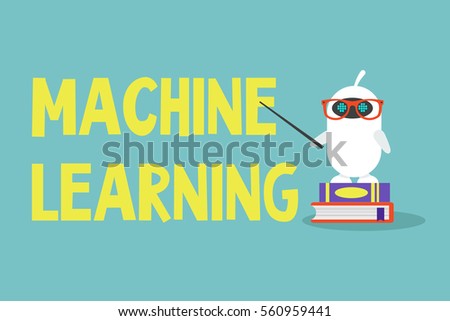 Machine learning concept. Cute cartoon robot standing on a pile of books and pointing on the sign / editable flat vector illustration, clip art