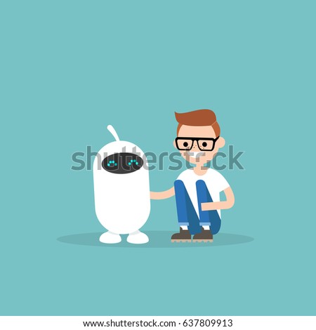 Human and robot friendship. New technologies. Flat editable vector illustration, clip art