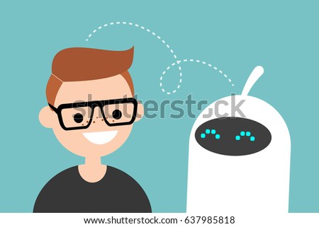 Human and robot communication. New technologies. Flat editable vector illustration, clip art