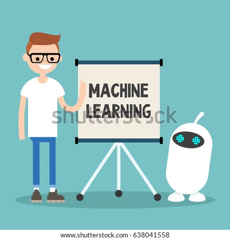 Machine learning conceptual illustration. Young character teaching small white robot / flat editable vector illustration, clip art