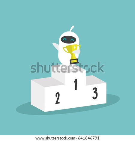 Victory conceptual illustration. Cute white robot standing on a pedestal and holding a champion cup / flat editable clip art illustration