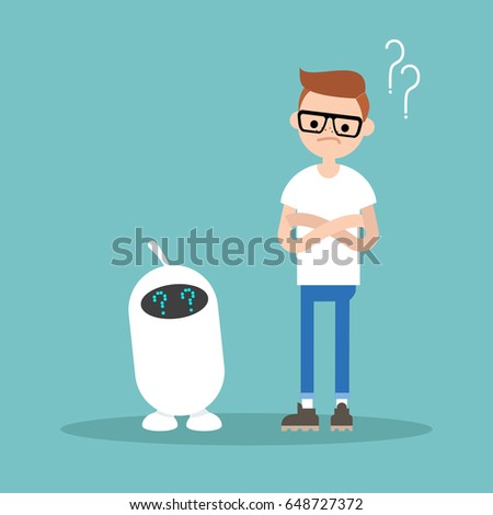 Human and artificial intelligence trying to answer a question  / flat editable vector illustration, clip art
