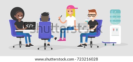 Modern office. A team of millennial employees working on their laptops and discussing the project / flat editable vector illustration, clip art