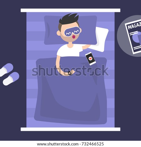 Sleeping tracker. Young character wearing a wearable gadget in bed to control the quality of sleep. Flat editable vector illustration, clip art