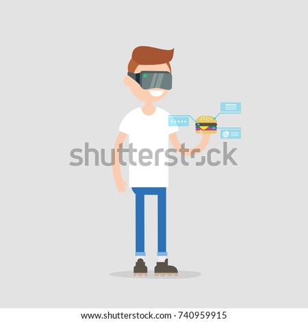 Virtual reality headset. New technologies. Young advanced millennial looking at a burger through the virtual reality glasses. Ingredients and nutrition infographics. Virtual blue displays. Flat vector
