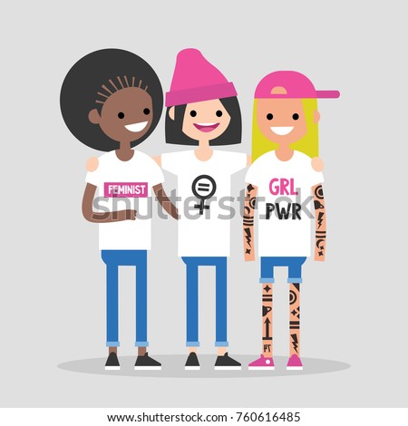 Female friendship. Girl power. Three cute girls hugging and smiling. Feminist movement. Having fun together. Flat editable vector illustration, clip art