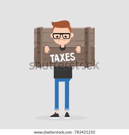 Paying taxes, conceptual illustration. Young unhappy character standing locked in the wooden pillory / editable flat vector illustration, clip art Stockfoto © 