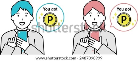 Illustration of young man and woman getting points on smartphone