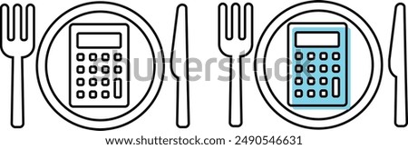 Icon set of calculator on plate with fork and knife