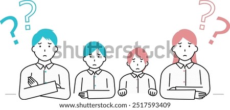 Young family of four with question marks