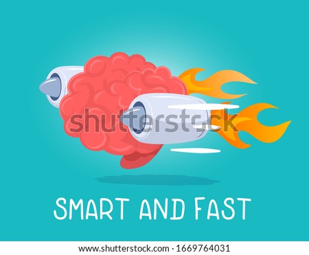 Vector creative illustration of pink human brain character flying on high speed jet turbine on green background with text. Flat style education concept design of speed of thinking of smart brain