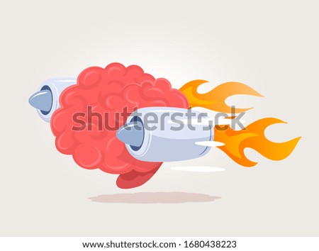 Vector creative illustration of pink smart human brain flying on high speed jet turbine on light background. Flat style education concept design of speed of thinking of brain character for web, banner