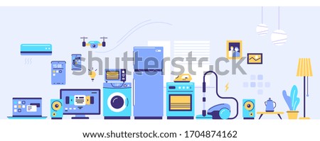 Vector set of household appliances with window and plant in pot. Sale of home domestic electronic appliances on light background. Flat style design for web, banner, advertising, e-mail newsletter