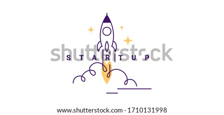 Vector creative business illustration of fly up spaceship and word startup on white color background with cloud. Flat line art cartoon style idea design for startup web banner, poster, print