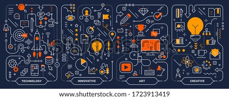 Vector creative innovate technology business process template. Set of business concept horizontal illustration on dark background. Hand draw flat line art style design for web, banner, print