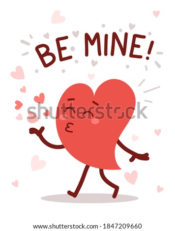 Vector red cute heart character blows a kiss on white background with text. Romantic flat style Valentine's Day illustration to share feeling of love