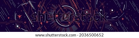 Vector horizontal abstract red and blue space illustration with star, planet and line on dark background