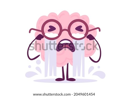 Vector Creative Illustration of Emotional Crying Pink Human Brain Character with Stream of Tear on White Color Background. Flat Doodle Style Knowledge Concept Design of Unhappy Brain in Glasses