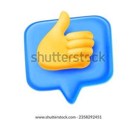 Vector business illustration of blue color speech bubble with hand gesture thumb up on white background. 3d style design of speech bubble with hand for web, site, banner, poster