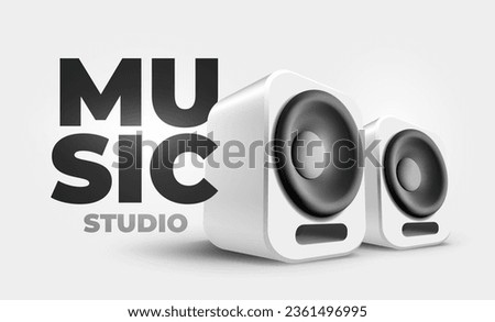 Vector music illustration of white and black color music speakers on white background. 3d style design of speakers with word for banner, web, site, poster