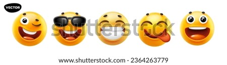 3d vector style design of funny set of emoji with tongue, sunglasses, wink, laugh and smile for social media. Vector cool collection of illustration of happy fun yellow color different emoticon