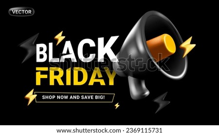 Vector black friday sale illustration with text and megaphone on black background. 3d style sale design for web, site, banner, poster