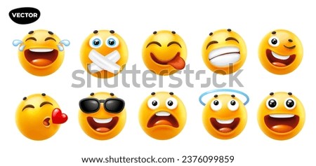 3d vector style design of funny set of emoji with smile, heart, tongue, halo and sad tear. Vector cool collection of illustration of happy fun yellow color emoticon with different emotion on white