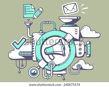 Vector illustration of mechanism with megaphone and office icons on green background. Line art design for web, site, advertising, banner, poster, board and print.