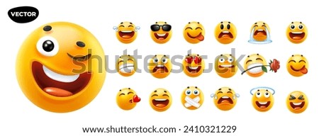 3d vector style design of funny collection of emoji with smile, heart, tongue, sunglasses and tear. Vector large set of illustration of happy fun yellow color emoticon with different emotion