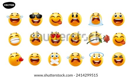 3d vector style design of funny collection of emoji with smile, tongue, kiss, heart and tear. Vector large set of illustration of happy fun yellow color emoticon with different emotion on white