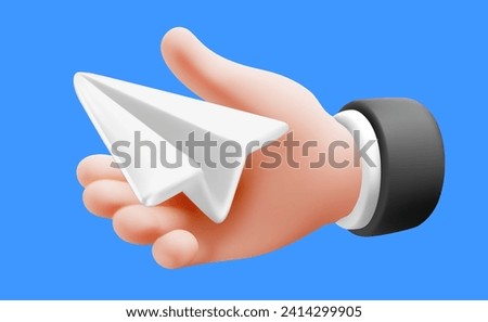 Vector illustration of gesture hand hold paper air plane on blue color background. 3d style design of man white skin hand and paper air plane for web, banner, poster, print