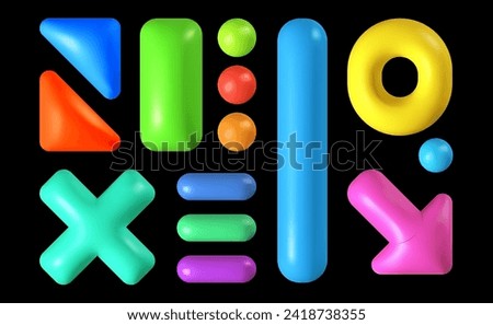 Vector kid illustration of set of abstract realistic shape on black color background. 3d cartoon style design of decorative bright shine element collection for web, site, banner, poster, print