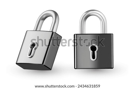 Vector illustration of locked and unlocked padlock on white background. 3d style design of different angles metallic shine lock for web, site, banner, poster