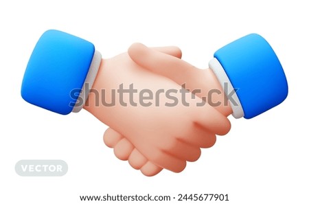 Vector illustration of gesture business man handshake in blue sleeve on white color background. 3d style design of man white skin hand shake agreement for web, banner, poster, print