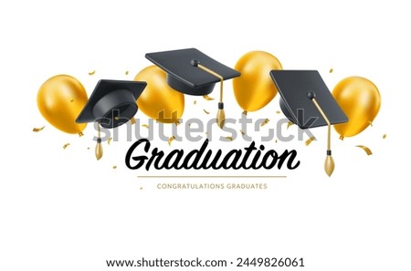 Vector illustration of graduate cap and flying golden air ballons on white background. Caps thrown up and air ballons. 3d style design of congratulation graduates 2024 class with graduation hat