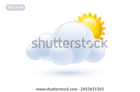 Vector weather partly cloudy day illustration of shine yellow color sun with fluffy cloud on white background with shadow. 3d cartoon style design of cloud with sun for web, site, banner, poster