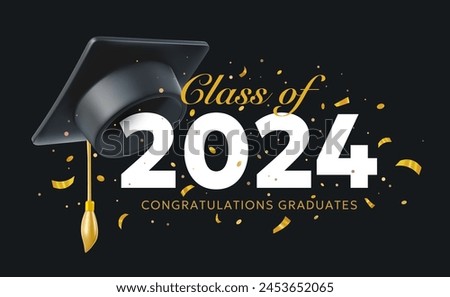 Vector illustration of graduate cap and word graduation on black background with number 2024 and confetti. 3d style design of congratulation graduates 2024 class with graduation hat and congratulation