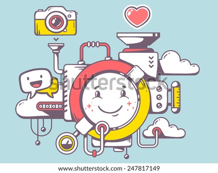 Vector illustration of mechanism with smile and relevant icons on blue background. Line art design for web, site, advertising, banner, poster, board and print.