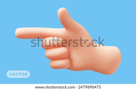 Vector illustration of finger point gesture male hand on blue color background. 3d style design of man white skin hand point to left gesture for web, banner, poster, print