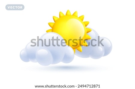 Vector weather partly cloudy day illustration of cloud with sun on white background with shadow. 3d cartoon style design of shine yellow color sun with fluffy cloud for web, site, banner, poster