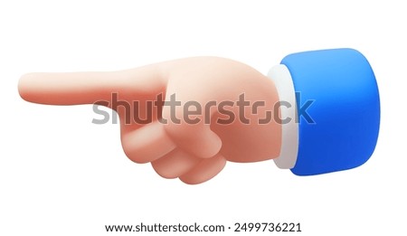 Vector illustration of man white skin hand point gesture to left on white color background. 3d style design of fore finger point gesture male hand in sleeve for web, banner, poster, print