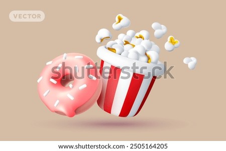 Vector illustration of realistic full striped red bucket of pop corn and glazed donut with sprinkles on color background. 3d style design of popcorn bucket and donut with glaze. Sweet cinema food